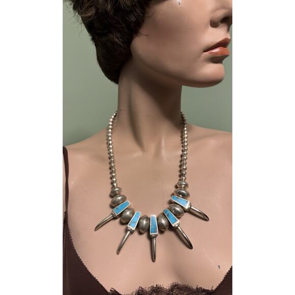 Vintage Navajo Sterling Turquoise Bear Claw/Bird Talon Bead Necklace 20.5” - Picture 2 of 7
